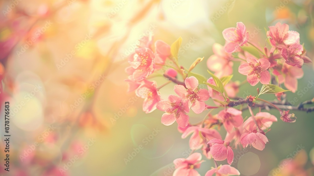 Fototapeta premium Pink flowered cherry branch with blur background in sunny courtyard for designer copy space toned