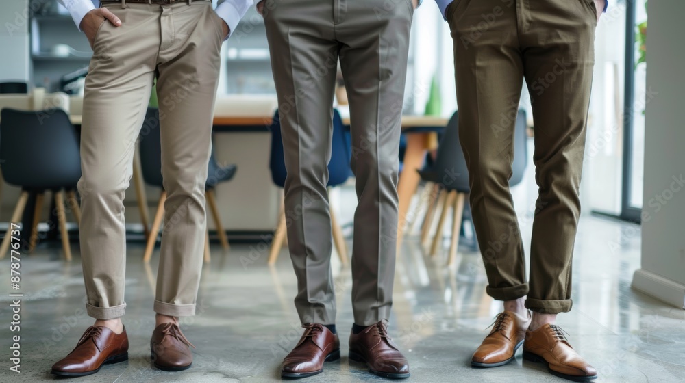 Three men standing in a modern office wearing casual pants and brown shoes Three men standing in a modern office wearing casual pants and brown shoes