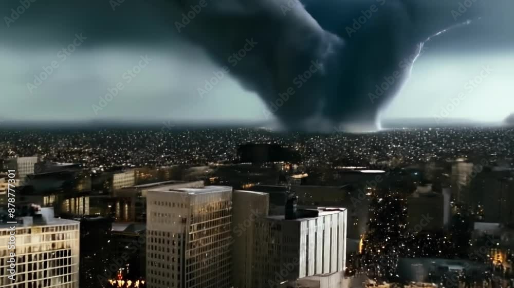 Powerful tornado touching down in a cityscape with dark storm clouds above. Destructive force of nature. Concept of natural disasters, extreme weather, urban impact, meteorological phenomena. Motion