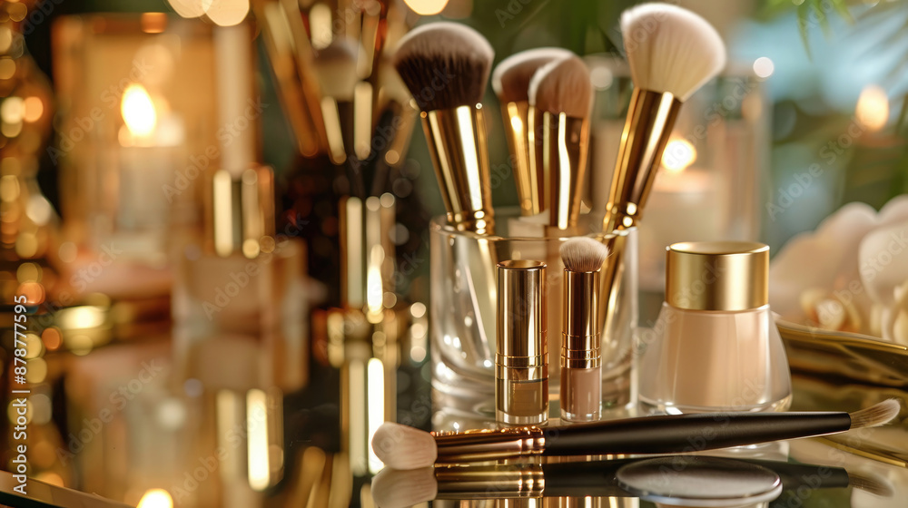 Detailed View of High-End Makeup Brushes and Cosmetics on Vanity Table Detailed View of High-End Makeup Brushes and Cosmetics on Vanity Table
