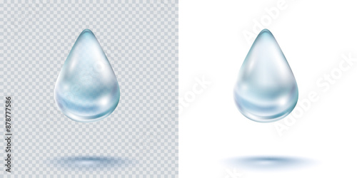 Water rain drop isolated on transparent and white backgrounds. Realistic collagen droplet. Vector blue clear bubble, aqua element or dew template