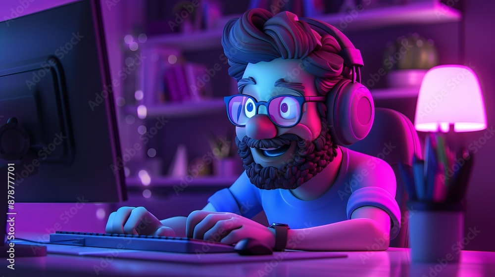Cartoon Gamer Working on Computer at Night Cartoon Gamer Working on Computer at Night