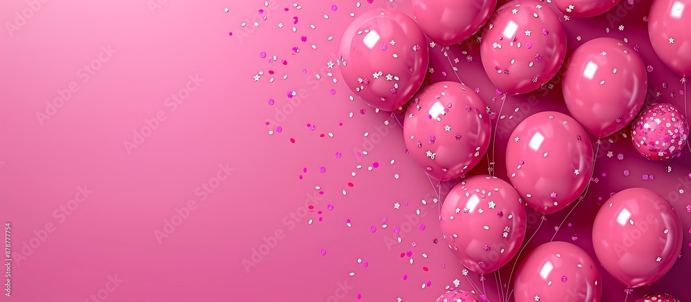 Pink background with balloons and confetti for a celebration or party, shown from above. Text space included. Pink background with balloons and confetti for a celebration or party, shown from above. Text space included.