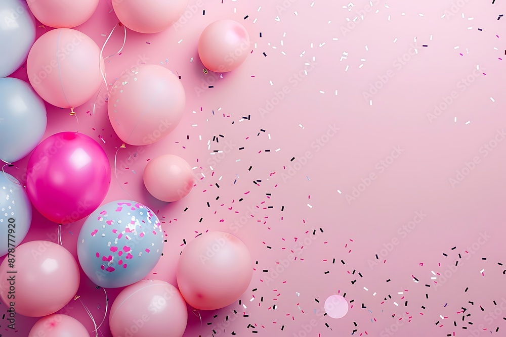 Pink background with balloons and confetti, perfect for a festive celebration or party, top view. Space for text. Pink background with balloons and confetti, perfect for a festive celebration or party, top view. Space for text.