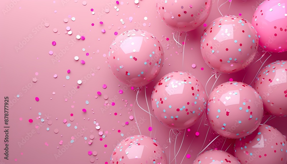 Pink background with balloons and confetti, ideal for a celebration or party, shown from above. Space for text. Pink background with balloons and confetti, ideal for a celebration or party, shown from above. Space for text.