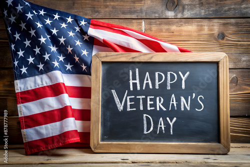 a chalkboard with the text happy veterans day in black and white and the flag of the United States full color