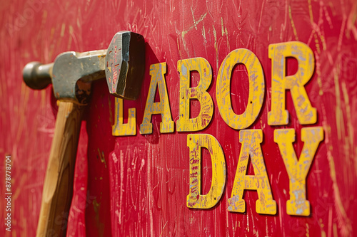 Inscription Labor Day on a red background with a hammer