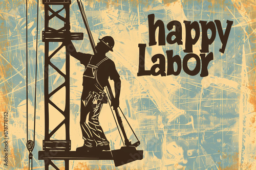 Yellow background with a construction worker and the inscription Happy Labor Day and empty space