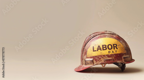 Construction helmet with labor day inscription on beige background and empty space