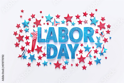 The inscription Labor Day on a white background and blue and red stars