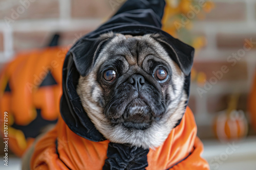 Pug dog in a festive costume for the Halloween holiday