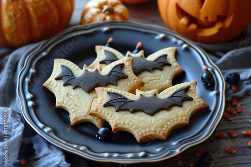 Chocolate cookies in the shape of a bat, a sweet treat for the Halloween holiday