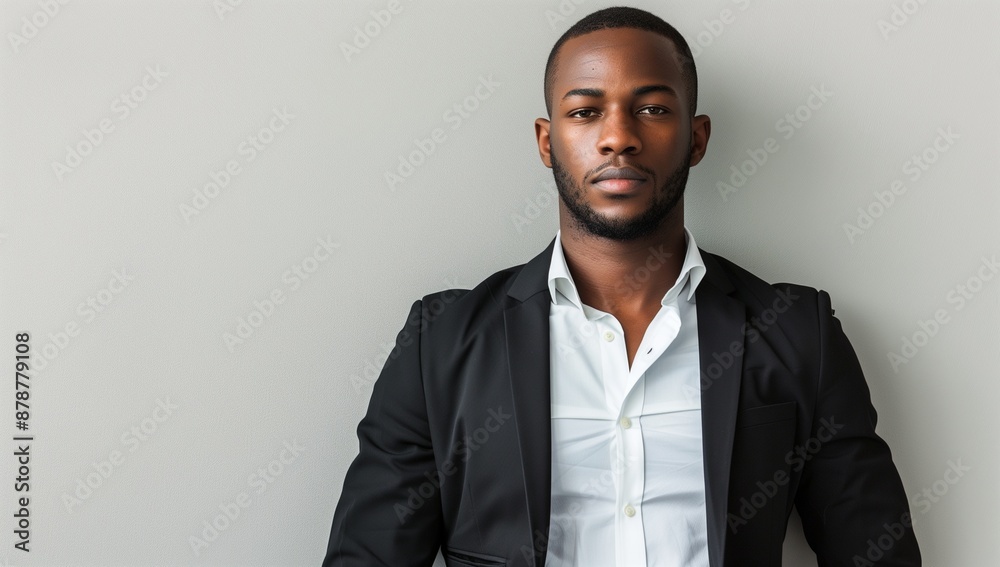 Photo of an African American man in business attire, standing confidently against a gray background with space for text Photo of an African American man in business attire, standing confidently against a gray background with space for text