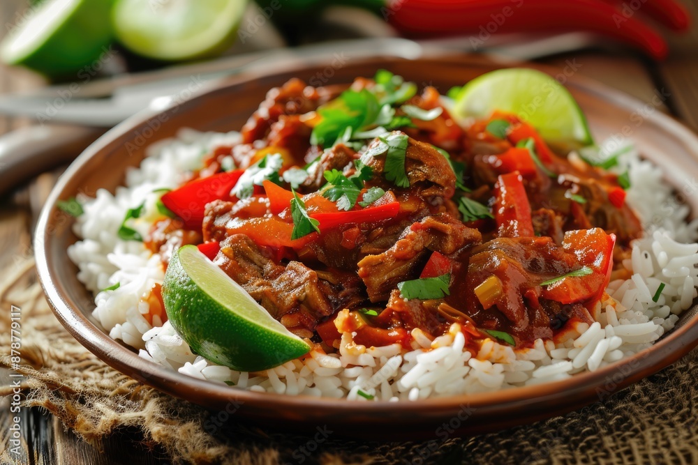 A delicious cuban ropa vieja stew on a bed of rice with lime garnish. A delicious cuban ropa vieja stew on a bed of rice with lime garnish.