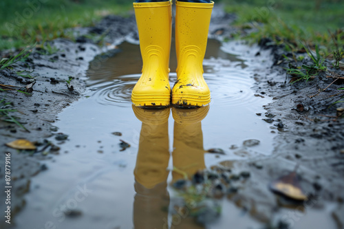 Yellow rubber boots stand in a puddle, autumn has come, it's time for rain
