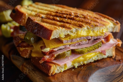 An authentic cuban sandwich on pressed medianoche bread with pork  ham  cheese  pickle  and mustard.
