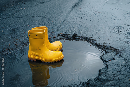 Yellow rubber boots stand in puddles