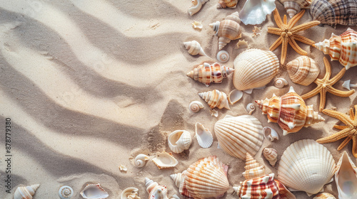 Diverse Seashells Arranged on Sandy Shore