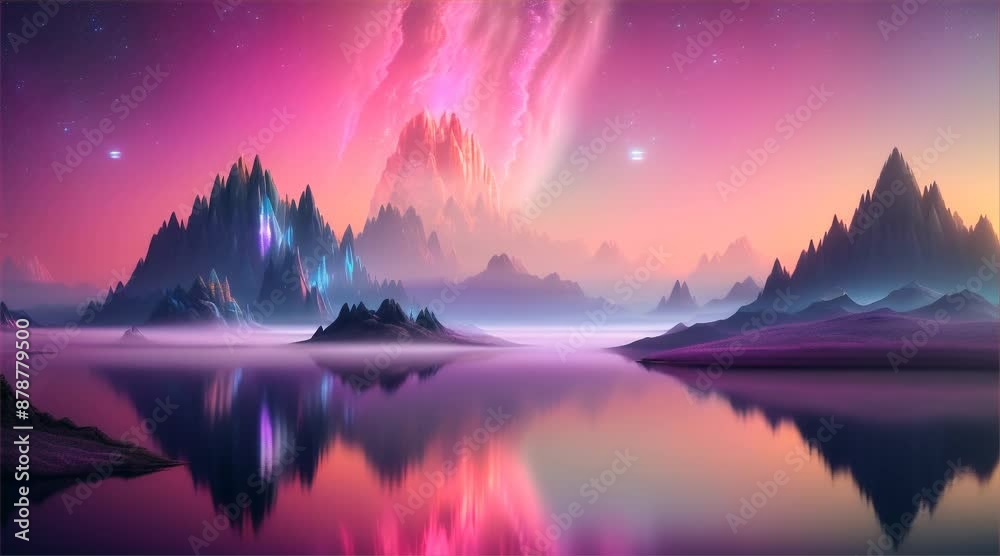 A dreamlike landscape of alien mountains at moonrise with a cosmic nebula above
