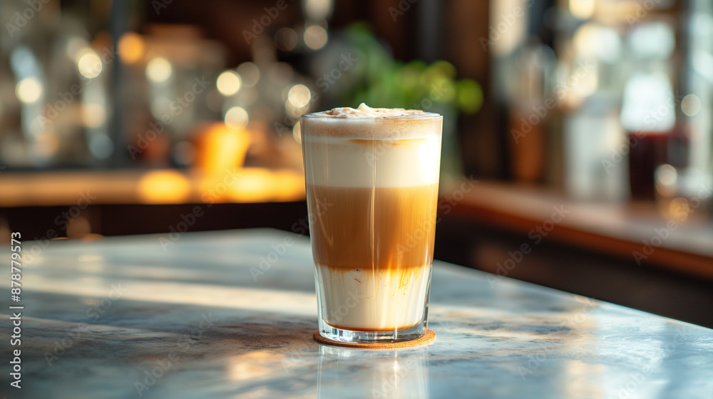 Glass of hot Latte macchiato coffee on the table at cafe . in the morning Glass of hot Latte macchiato coffee on the table at cafe . in the morning