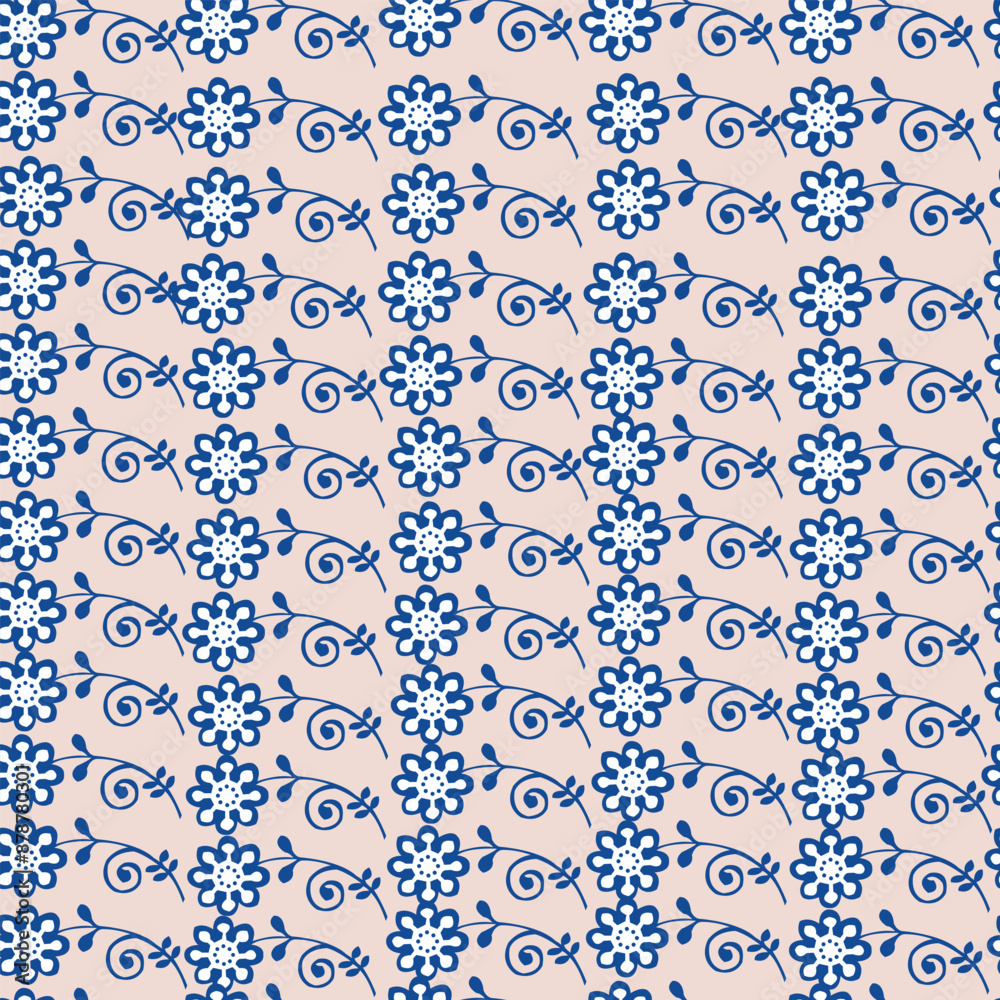 seamless vector with simplified blossom flowers in bright colours on a pale blue background seamless vector with simplified blossom flowers in bright colours on a pale blue background