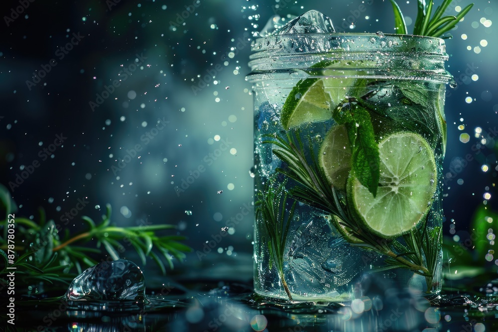 Fresh Mojito cocktail with lime rosemary mint and ice Fresh Mojito cocktail with lime rosemary mint and ice