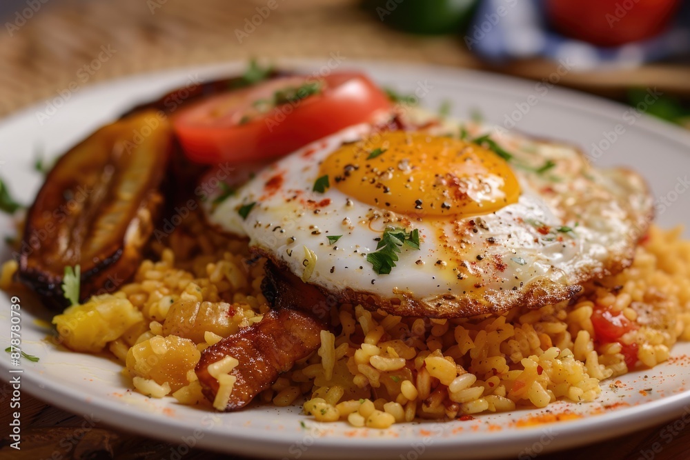 Homemade Cuban Arroz con Huevos with Fried Plantains for Breakfast Homemade Cuban Arroz con Huevos with Fried Plantains for Breakfast