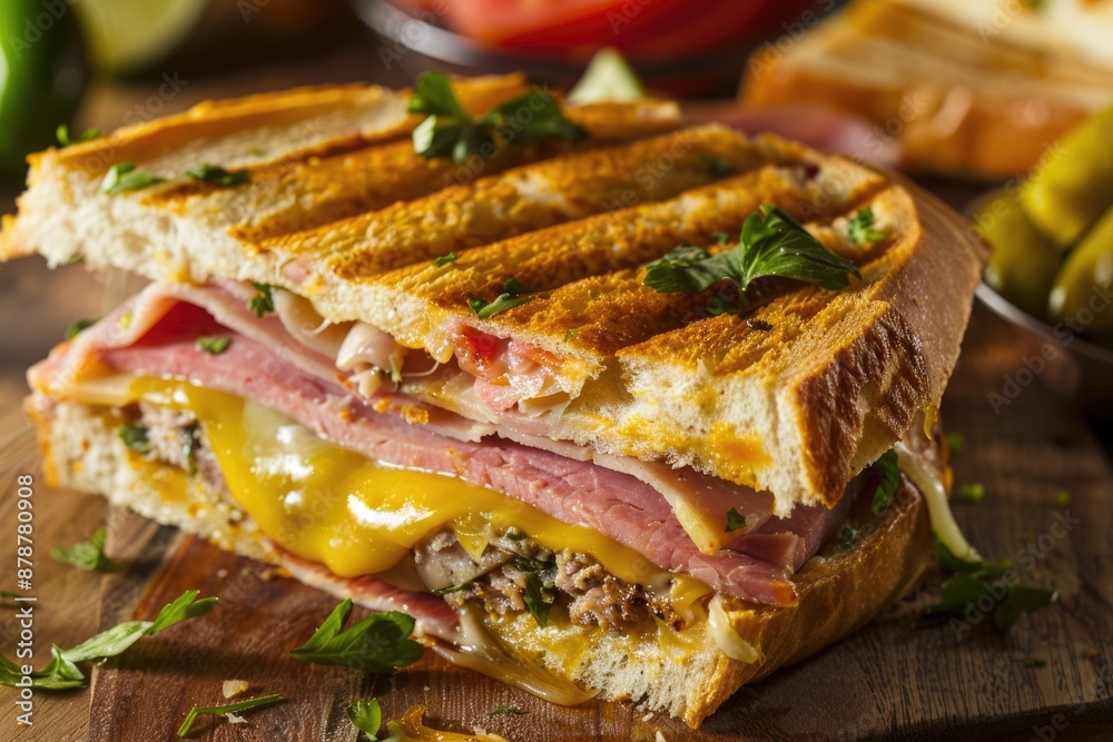 Traditional Cuban Sandwiches with Ham Pork and Cheese. Traditional Cuban Sandwiches with Ham Pork and Cheese.