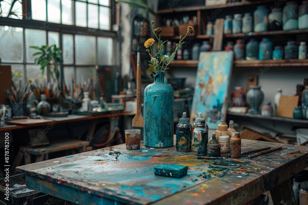 Close-up in a painters studio: wooden table with paint jars, brush, yellow flowers, and partially painted canvas Close-up in a painters studio: wooden table with paint jars, brush, yellow flowers, and partially painted canvas