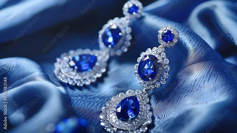 Platinum and sapphire earring set set on a blue satin background very detailed and realistic shape Platinum and sapphire earring set set on a blue satin background very detailed and realistic shape