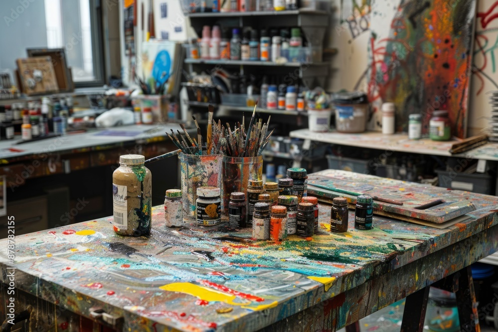 A cluttered artist's studio table covered in colorful paint splatters, with jars of paint, brushes, and other art supplies scattered around A cluttered artist's studio table covered in colorful paint splatters, with jars of paint, brushes, and other art supplies scattered around