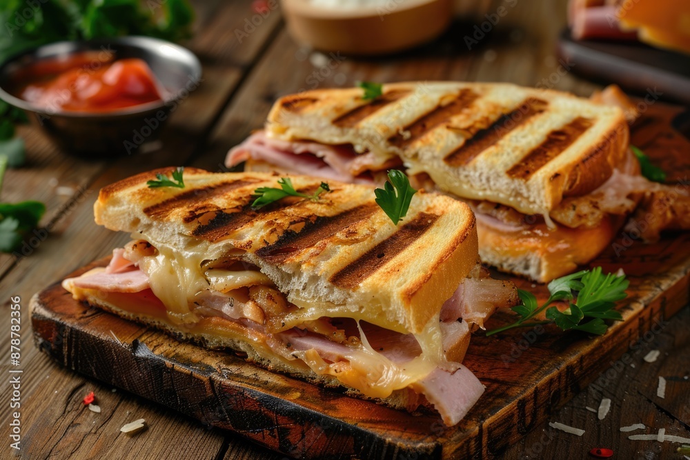 Traditional cuban sandwich with cheese ham and fried pork served on a wooden board Traditional cuban sandwich with cheese ham and fried pork served on a wooden board