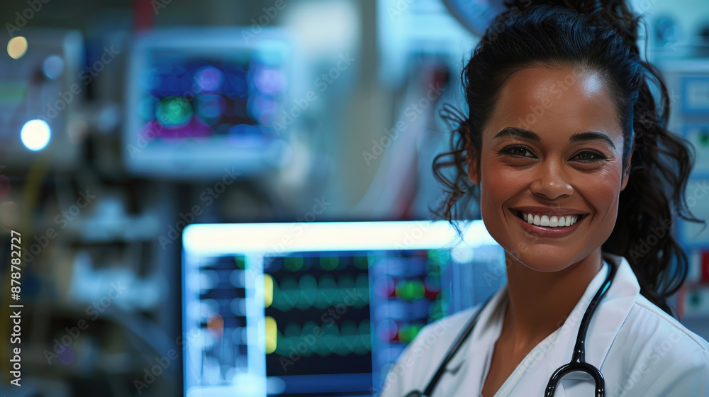 Cheerful Female Doctor Standing Before Medical Monitor in White Coat Cheerful Female Doctor Standing Before Medical Monitor in White Coat