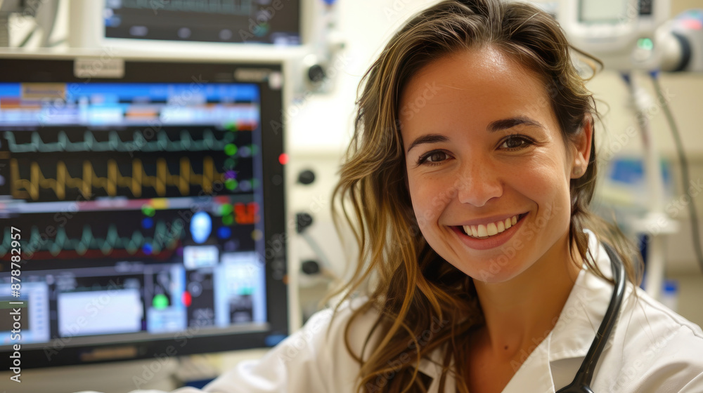 Cheerful Female Doctor Standing Before Medical Monitor in White Coat Cheerful Female Doctor Standing Before Medical Monitor in White Coat