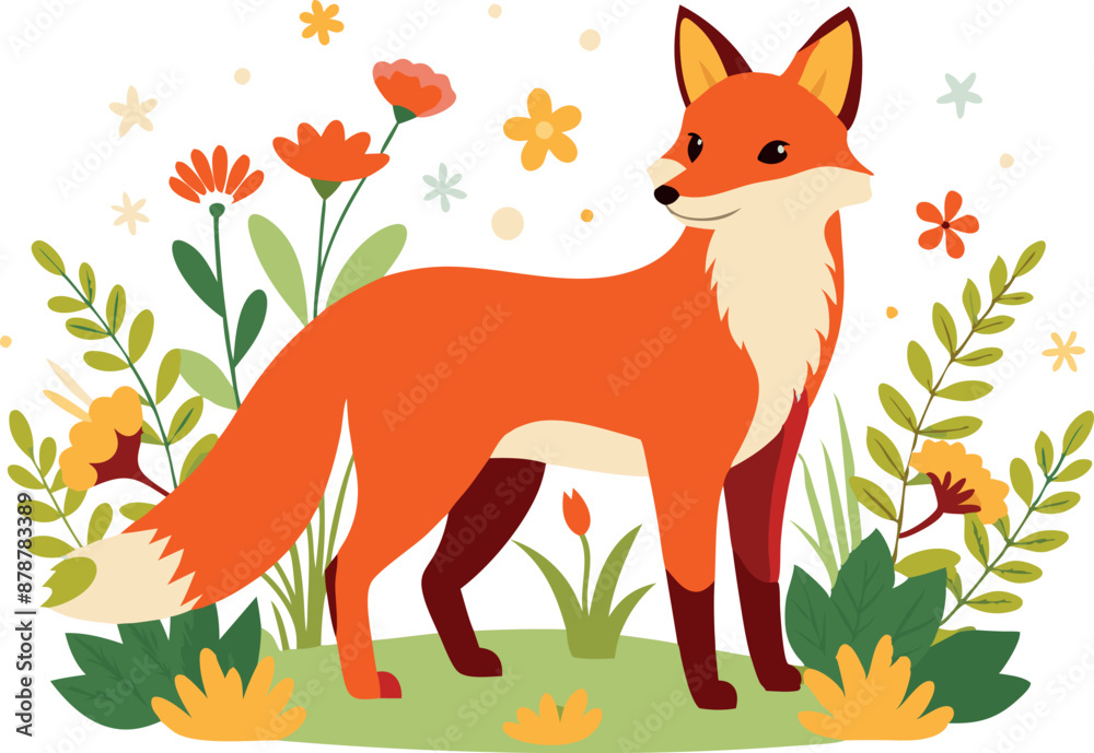 Beautiful fox illustration with floral background in a modern cartoon style Beautiful fox illustration with floral background in a modern cartoon style