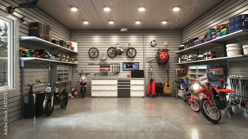 Well-organized garage with motorcycles, bikes, and storage shelves