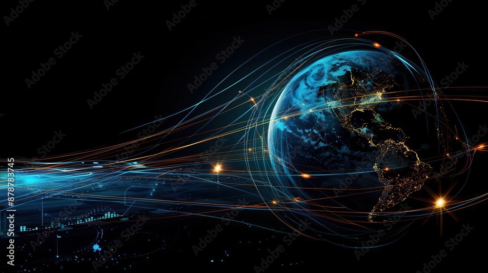 Obraz premium global connectivity with futuristic lines and circles around earth technology and social media concept digital art
