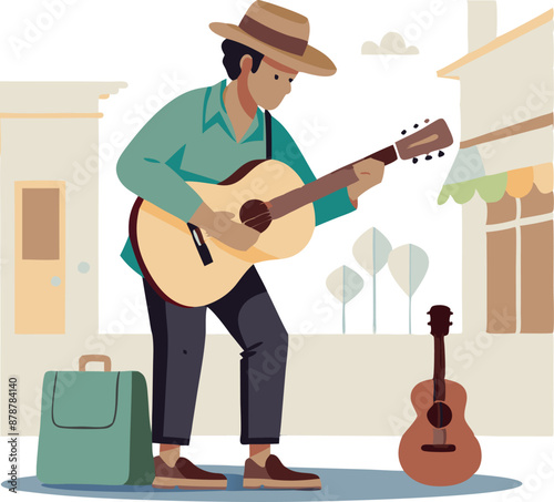 Illustration of a man playing guitar on a street with another guitar and a suitcase nearby