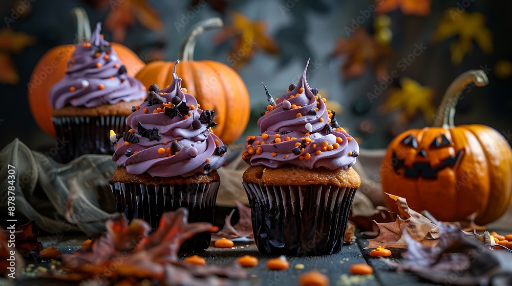 Pumpkins and cupcakes for halloween against a backdrop Pumpkins and cupcakes for halloween against a backdrop