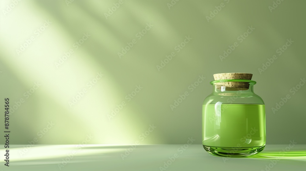 Small glass jar with green liquid and a cork stopper, illuminated by soft natural light, against a green background, with copy space, minimalist composition Small glass jar with green liquid and a cork stopper, illuminated by soft natural light, against a green background, with copy space, minimalist composition