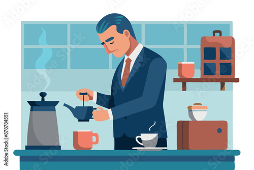 Businessman making coffee in modern kitchen during morning routine