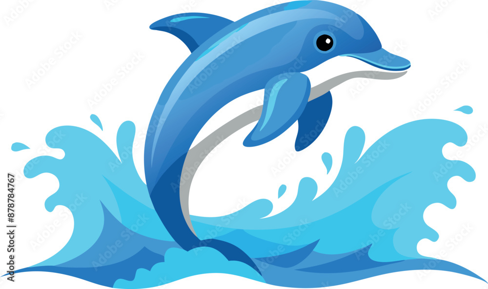Colorful illustration of a playful dolphin jumping out of the ocean waves Colorful illustration of a playful dolphin jumping out of the ocean waves