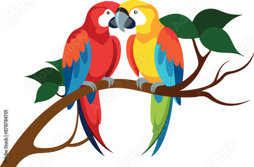Two vibrant parrots perched on a tree branch illustration