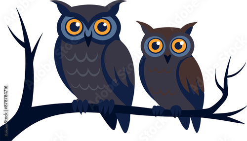 Pair of illustrated owls with big eyes perched on a branch
