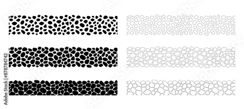 Stones seamless borders vector set. Black and white paving seamless patterns. Smooth pebble template background. Doodle cobblestones and cute rounded outlines shapes for interior and science design
