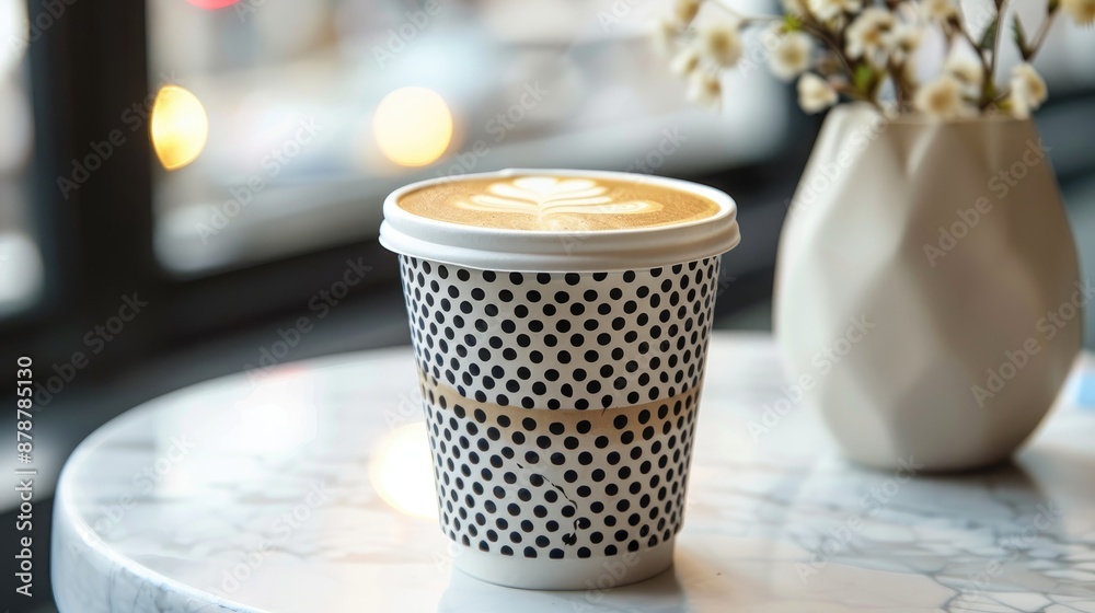 Patterned paper cup with cappuccino on cafe table Patterned paper cup with cappuccino on cafe table