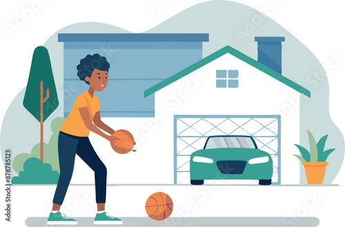 Young person playing basketball in driveway in front of house with a car parked in the garage