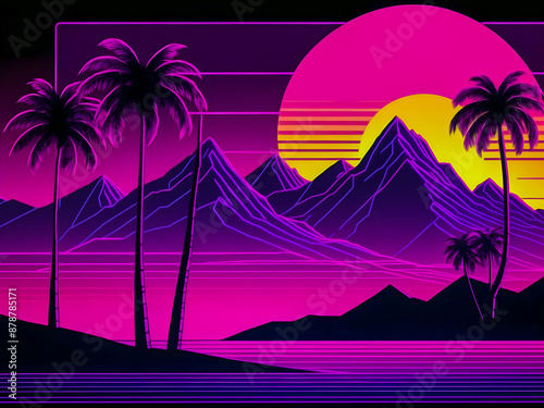 Wallpaper Mural 1980s synthwave poster of mountains and palm trees with neon sun, in the style of synth wave art Torontodigital.ca