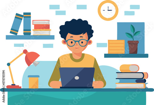 Young student using laptop while studying at home office desk with books and lamp