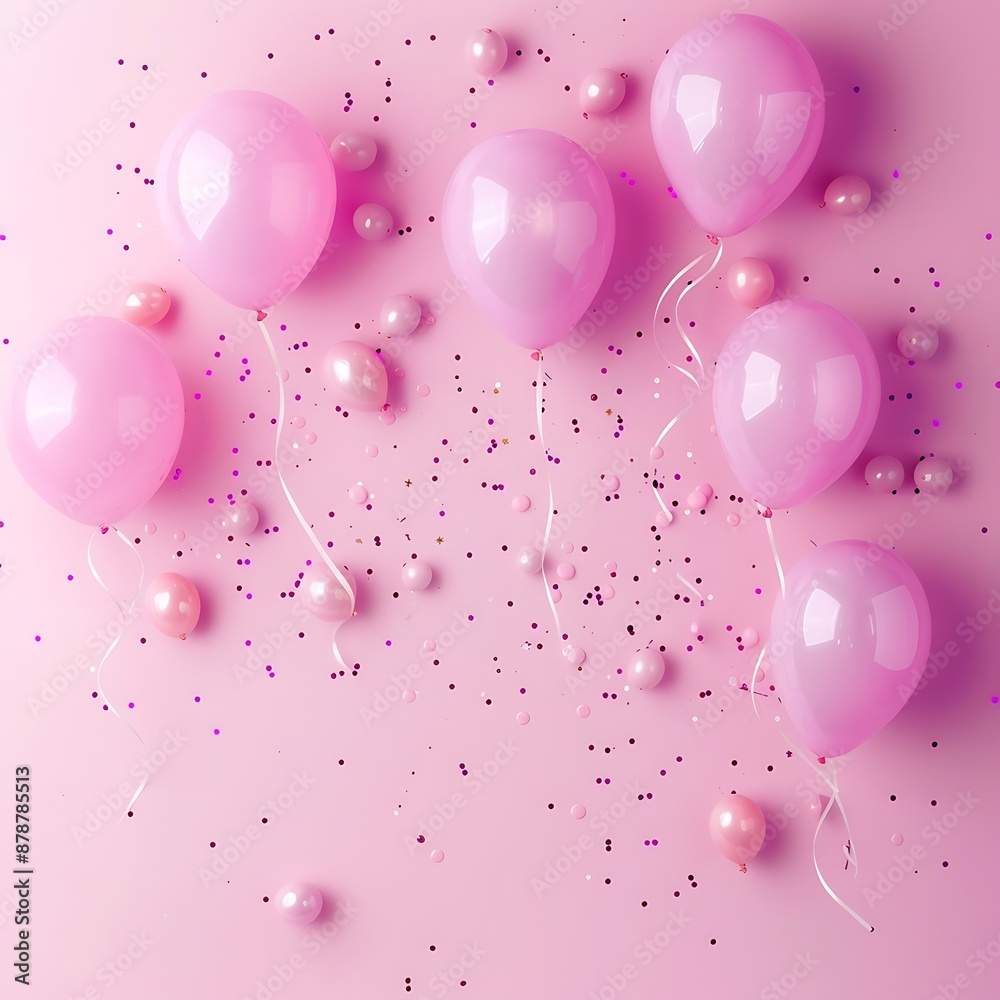 Top view of a pink festive background with scattered balloons and confetti for a celebration or party. Space for text. Top view of a pink festive background with scattered balloons and confetti for a celebration or party. Space for text.